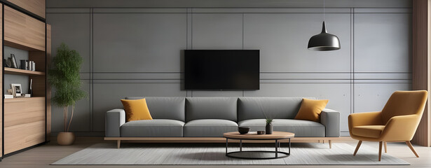 Gray sofa near wooden paneling wall and tv unit. Loft interior design of modern living room.