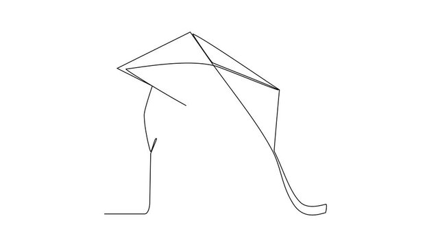 Animated self drawing of a child was playing a kite in the field happily video illustration. playing kite activity illustration in simple linear style video design concept. Kite hobbies design video.
