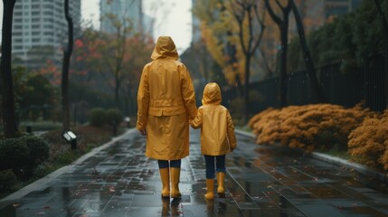 Back view of happy smiling mother and daughter in yellow raincoat and rain boots walking through city park