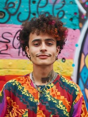 Fashion-Forward Youth with Colorful Hair and Eclectic Style Against Urban Graffiti
