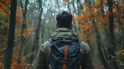Obraz premium Back view of man hiking in the forest
