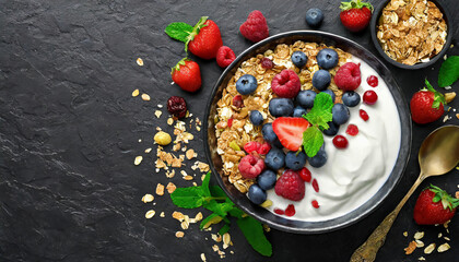 Granola with fresh berries and yogurt in bowl on black background