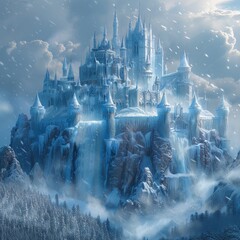 Frozen spire castle amidst blizzard - obrazy, fototapety, plakaty