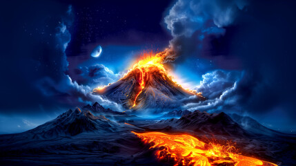 image of an erupting volcano. realistic image. emission of ash, lava. natural disasters