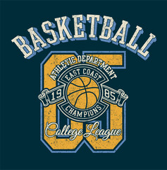 Basketball athletic department college league vintage vector print for boy kids t shirt grunge effect in separate layers - 761430964