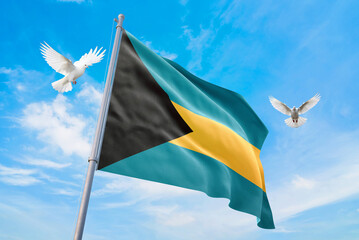 Fototapeta premium Waving flag of Bahamas in beautiful sky and flying pigeons. Bahamas flag for independence day. The symbol of the state on wavy fabric.