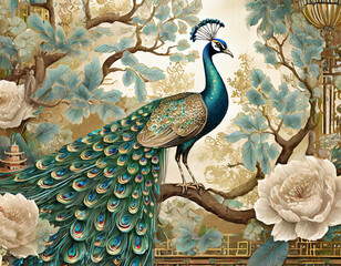 Painting of a indian Peacock with flowers in a frame with chinese tiles - obrazy, fototapety, plakaty