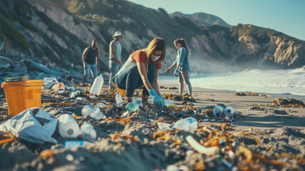 a group of people cleaning up trash on the beach, expressing care and responsibility for the environment on Earth Day. - obrazy, fototapety, plakaty
