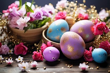 Obraz na płótnie Canvas Happy Easter. Congratulatory easter background. Easter eggs and flowers - generative ai