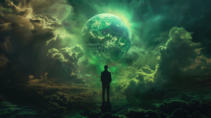 The man looking at the green planet Earth. Earth day concept, Earth hour. Space green background.