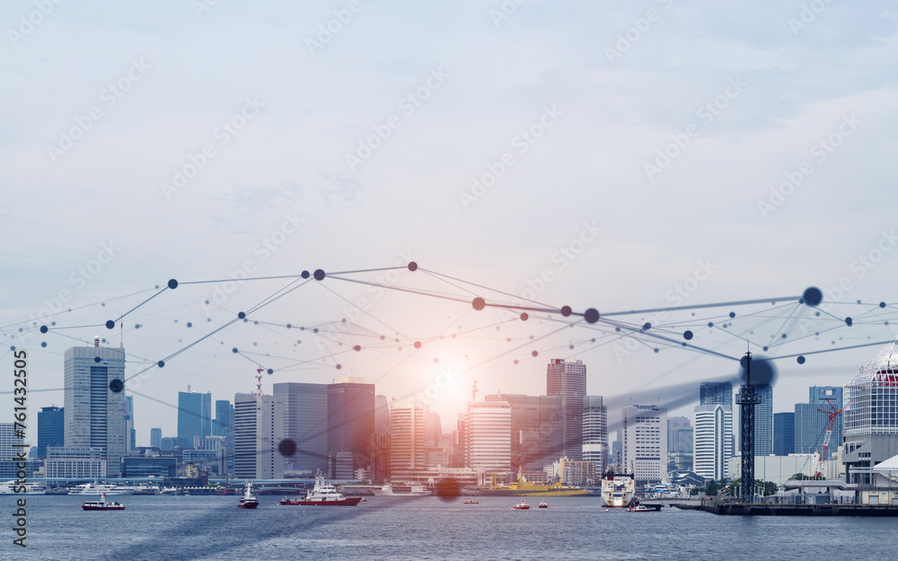Poster modern city and communication network concept. iot (internet of things). smart city. digital transfo
