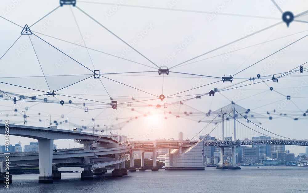 Poster modern highway and data technology concept. smart transportation. its (intelligent transport systems