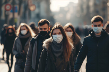Group of various ages people wearing a protective mask during heavy PM 2.5 and air pollution
