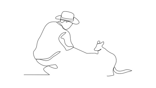 Animated self drawing of the people is play with their pet by hugging and carrying it as video illustration. Playing with Kangaroo activity illustration in simple linear style video design concept.