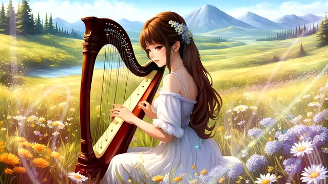 Anime style, a girl playing the harp in the meadow. Seamless looping time-lapse 4k video animation background