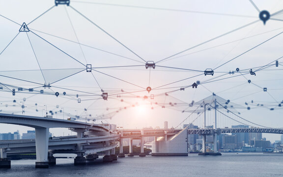 Modern highway and Data technology concept. Smart transportation. ITS (Intelligent Transport Systems). Mobility as a service. - Powered by Adobe