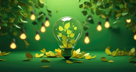 environmental banner light bulbs with paper cut out plants on colored background - sustainability and energy saving concept - obrazy, fototapety, plakaty