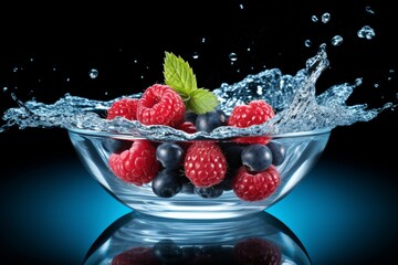 Ripe wild berries falling into glass bowl filled with fresh water in nature setting