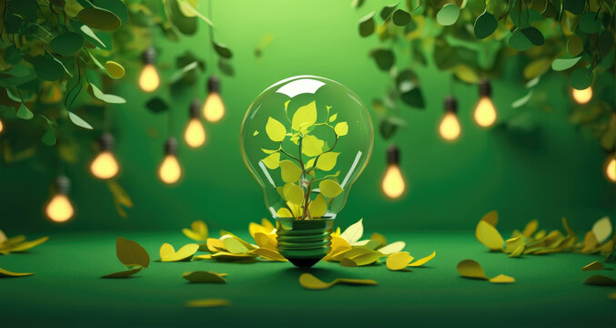 environmental banner light bulbs with paper cut out plants on colored background - sustainability and energy saving concept