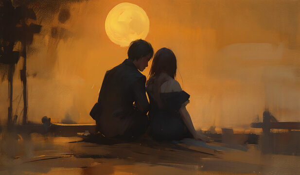 Young couple sitting together under the moonnight, Semi-abstract loosely painting, Stylized digital speed painting.