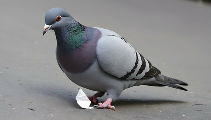 A Pigeon With Its Beak Picking At A Discarded Wrap