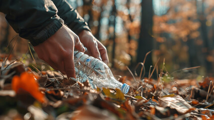 Hand of man picking up bottle while cleaning area in park. Volunteering, charity, people, ecology concept. Closeup volunteer collecting plastic trash in forest - obrazy, fototapety, plakaty