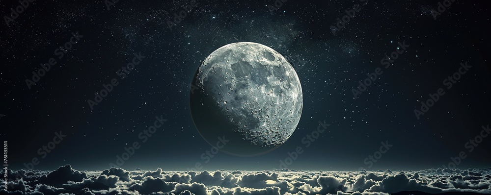 Canvas Prints amazing scenery of white glowing moon with craters in black sky with clouds at night