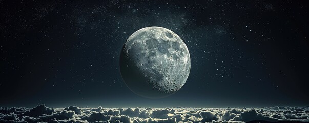 Amazing scenery of white glowing moon with craters in black sky with clouds at night - Powered by Adobe