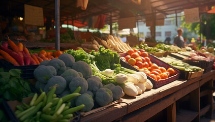 Sunlit Fresh Produce on Display at a Local Farmers Market - obrazy, fototapety, plakaty