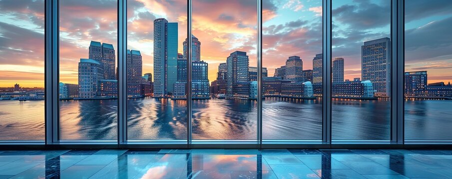 Fototapeta Boston city skyline Modern Seaport District video window view