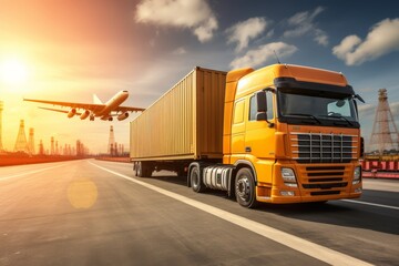 Global business logistics  cargo ship, plane, truck at international port for imports exports - obrazy, fototapety, plakaty