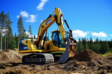 Excavator machinery digging soil under a clear blue sky at a bustling construction site
