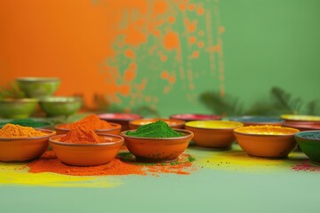 Happy Holi Celebration with Dry Color (Gulal) Filled Bowls