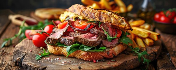 Gourmet steak sandwich with sides on rustic table