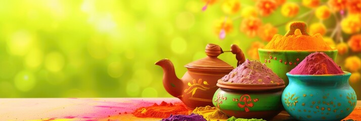 Happy Holi Celebration with Dry Color (Gulal) Filled Bowls