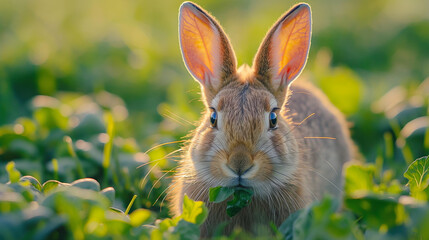 Fototapeta premium A hare is having breakfast on a beautiful summer morning.