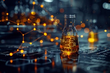 Background with glass bottle with chemical liquid and chemical formulas, laboratory, selective focus