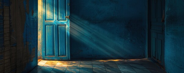 light coming through opened blue door