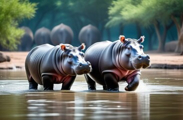 Two hippopotamuses stand in the water against the background of trees - 761434962