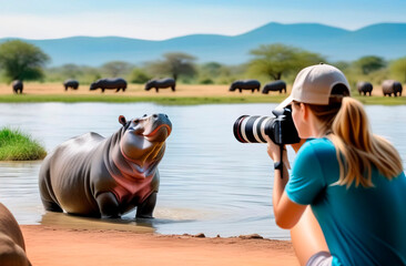 Woman photographing hippopotamus on safari excursion - 761435158