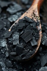 Black coal in a wooden spoon