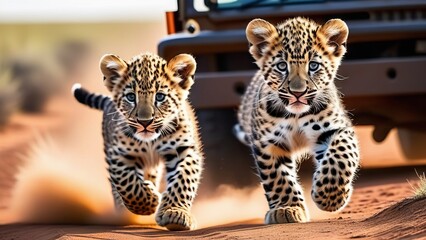 Little leopard cubs running along road with safari vehicle in the background - 761435351