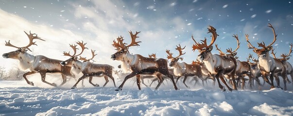 Reindeer running in snowy field under sky - obrazy, fototapety, plakaty