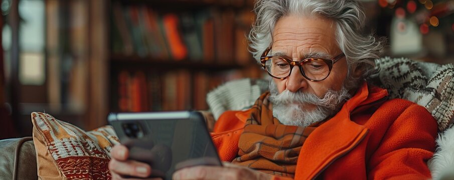 Senior Man Using Phone At Home