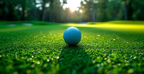 Schilderijen op glas Golf ball on a perfect green lawn - AI generated image © BEMPhoto