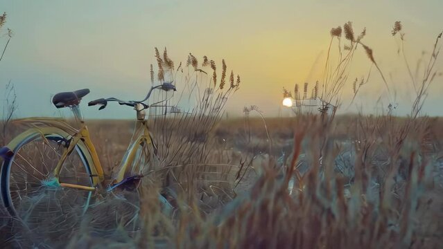 Bicycle in a field at sunset. Beautiful summer landscape with yellow bicycle.