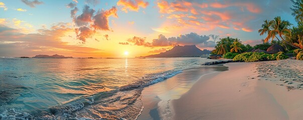 Tourism background with Fantastic Sunrise Beach in Mauritius. Dream Honeymoon Destination. - obrazy, fototapety, plakaty