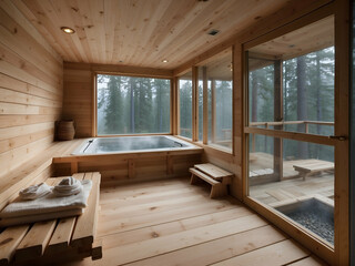 Fototapeta premium Rustic Wooden Bathroom in a Secluded Mountain Villa