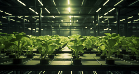 Sustainable Future: Seedlings Growing in an Industrial Indoor Vertical Farm - obrazy, fototapety, plakaty