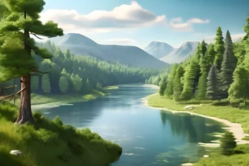 Tischdecke A beautiful natural landscape in the forest with a lake flowing amidst the forest and trees. seamless looping time-lapse virtual video animation background. Generative AI © Jaon
